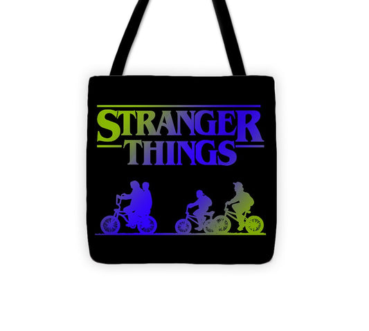 Black kids tote bag with Stranger Things logo and colorful bicycle graphic