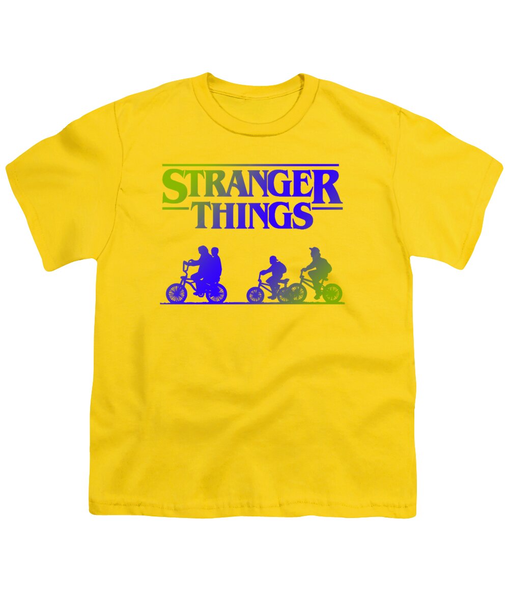 Yellow youth T-shirt with Stranger Things graphic on the front