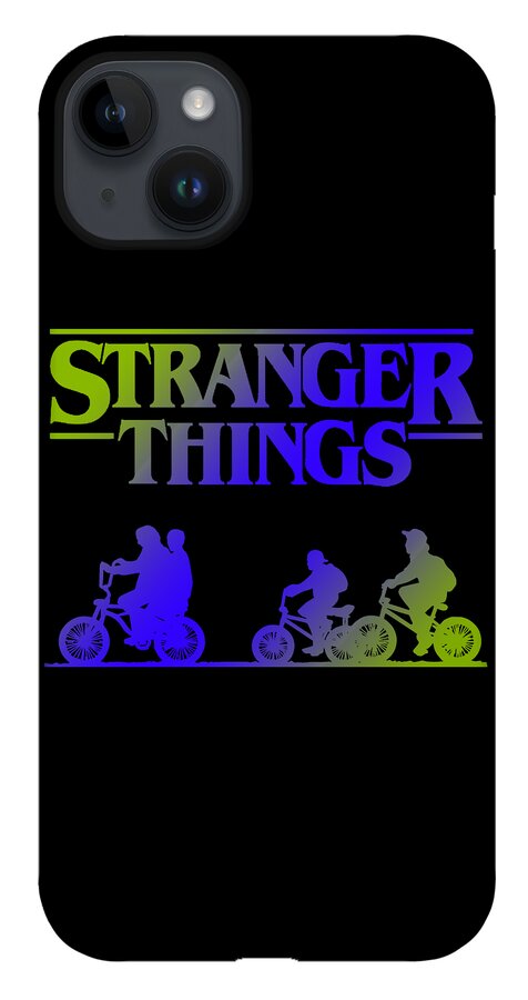 Black phone case with STRANGER THINGS text and blue purple and lime riders on bikes