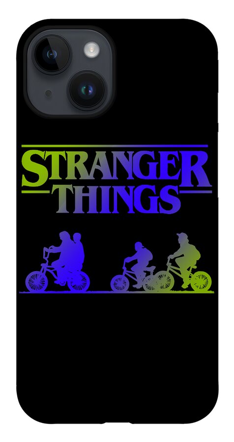 Black phone case with STRANGER THINGS text and purple blue riders on bikes