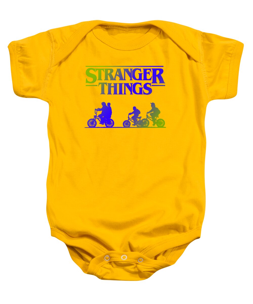 Yellow baby onesie with Stranger Things graphic and snap-button bottom.