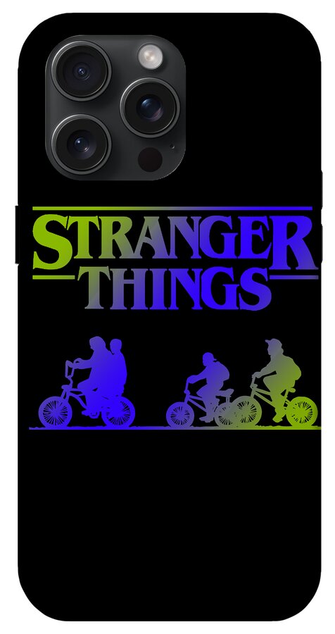 Black phone case with STRANGER THINGS text and blue neon-green biker silhouettes