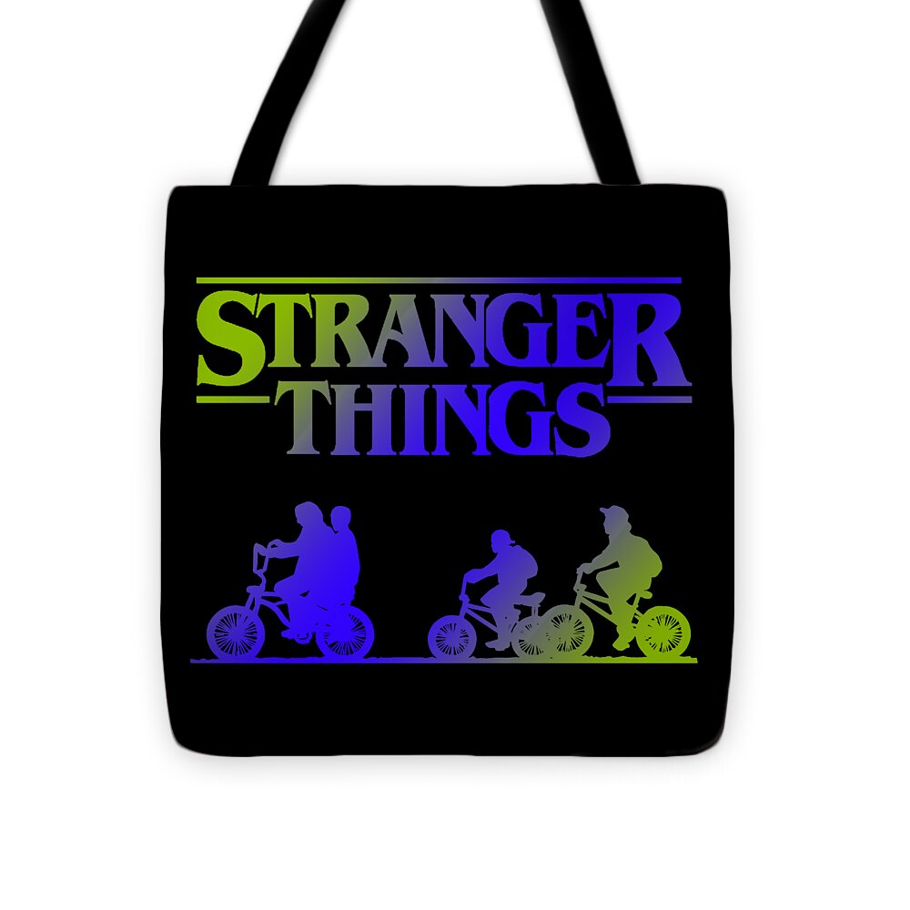 Black kids tote bag with Stranger Things lettering and three-bike silhouette print