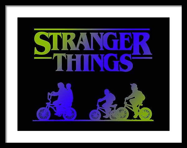 White-framed Stranger Things print with black inner border, multicolor logo and bike silhouettes on dark background.