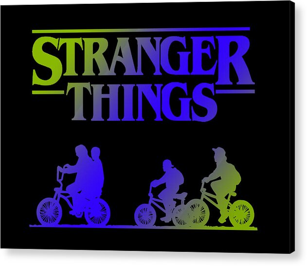 Acrylic wall art print with neon Stranger Things title and bicycle silhouettes