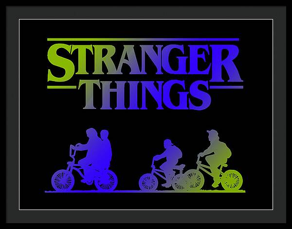 Framed print with black frame, colorful “STRANGER THINGS” text, and bike silhouettes on black.