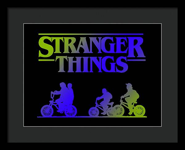 Black-framed Stranger Things kids bike silhouette framed print with dark mat