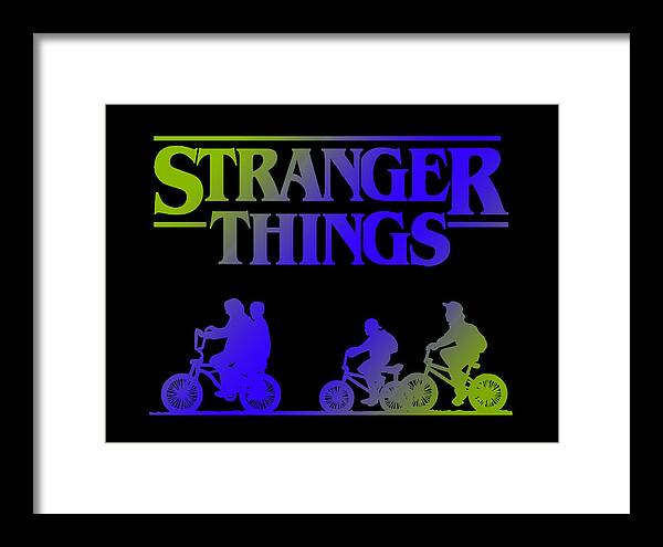 Framed Stranger Things print with neon kids on bikes, black frame and white mat