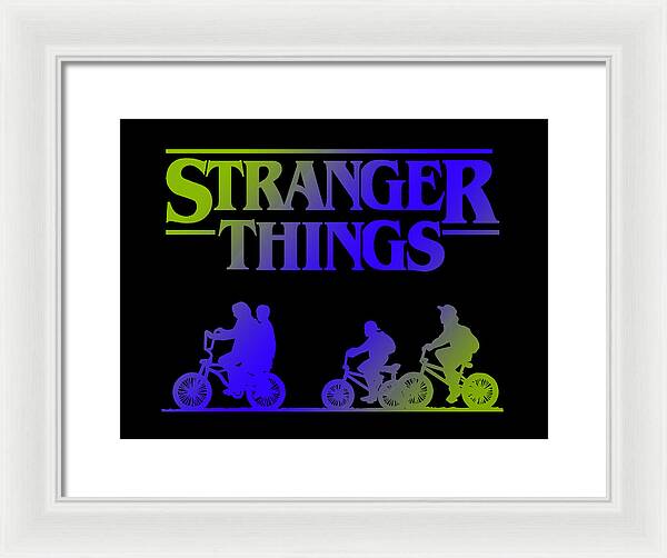 White-framed Stranger Things kids bike silhouette framed print with white mat