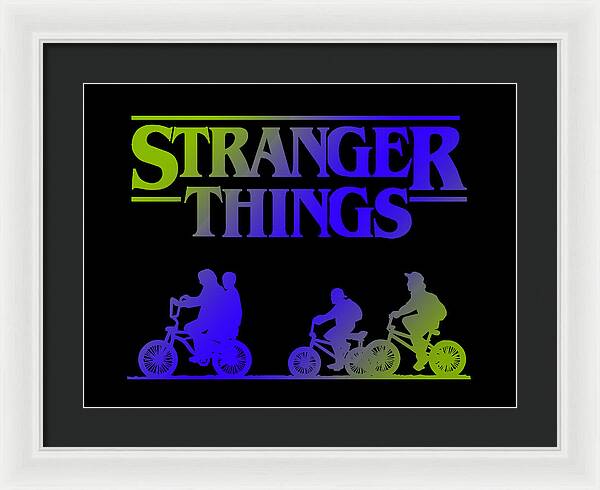 White-framed Stranger Things print with black mat, multicolor logo and bike silhouettes on dark background.
