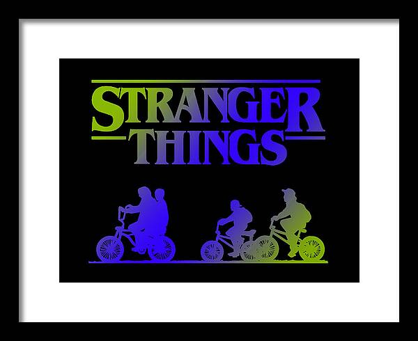 Framed Stranger Things print with neon kids on bikes, white frame