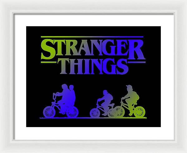 White-framed Stranger Things kids bike silhouette framed print with white mat