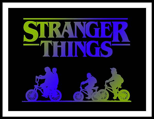 Framed print with black frame, colorful “STRANGER THINGS” text, and bike silhouettes on black.