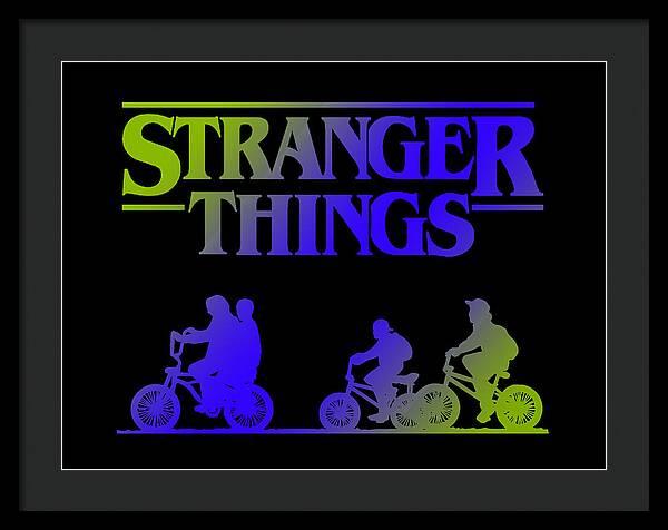 Black-framed Stranger Things print with white inner border, multicolor logo and bike silhouettes on dark background.