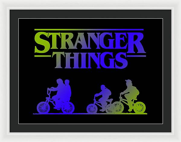 Framed print with white frame and dark mat, colorful “STRANGER THINGS” text, and bike silhouettes.