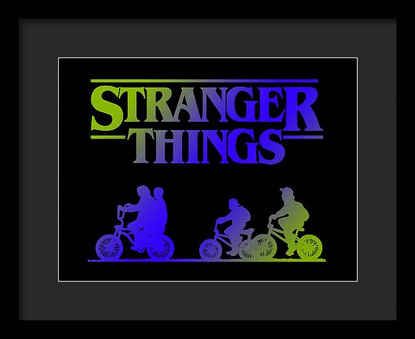 Black-framed Stranger Things kids bike silhouette framed print with dark mat