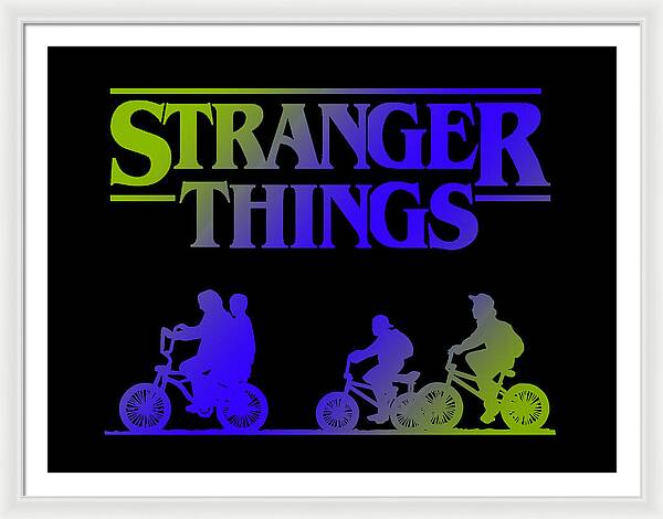 Framed Stranger Things print with neon kids on bikes, white frame and light mat