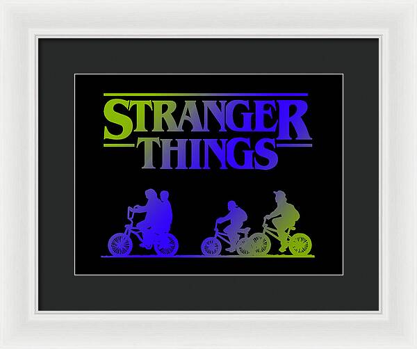 White-framed Stranger Things kids bike silhouette framed print with dark mat