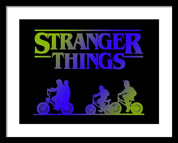 Black-framed Stranger Things kids bike silhouette framed print with white mat