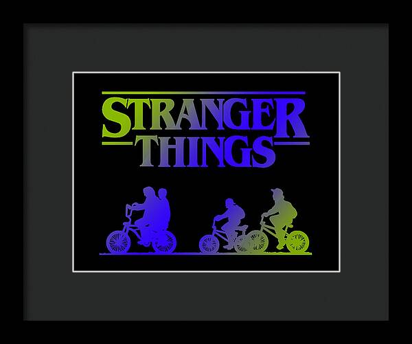 Framed Stranger Things print with neon kids on bikes, dark frame and black mat