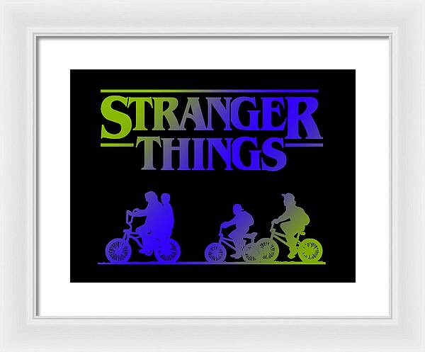 White-framed Stranger Things kids bike silhouette framed print with white mat