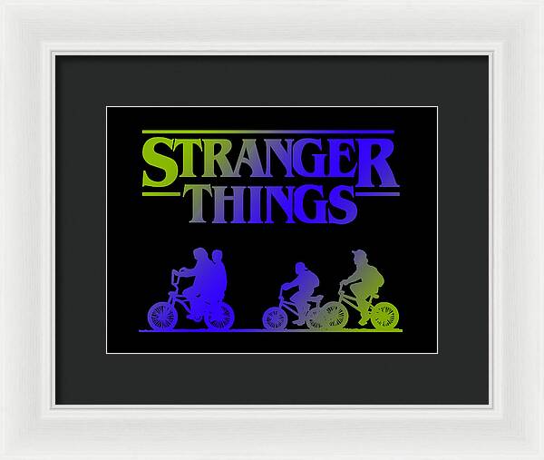 Framed Stranger Things print with neon kids on bikes, white frame and dark mat