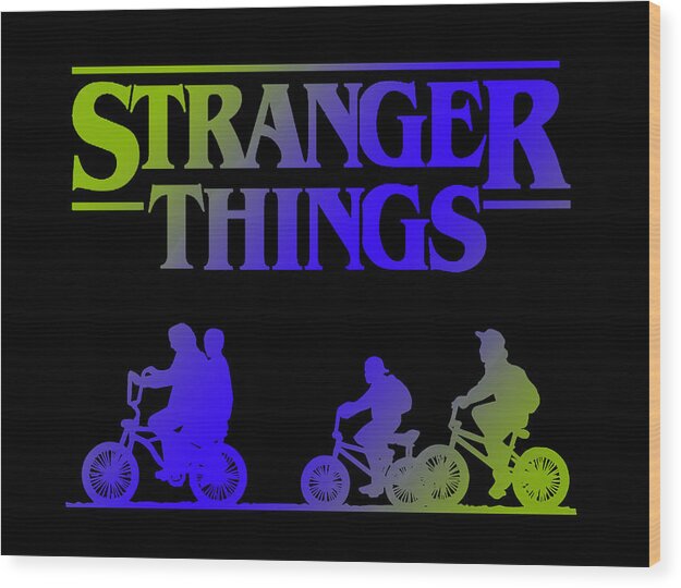 Wood wall art print with Stranger Things title and three kids on bikes, neon colors.