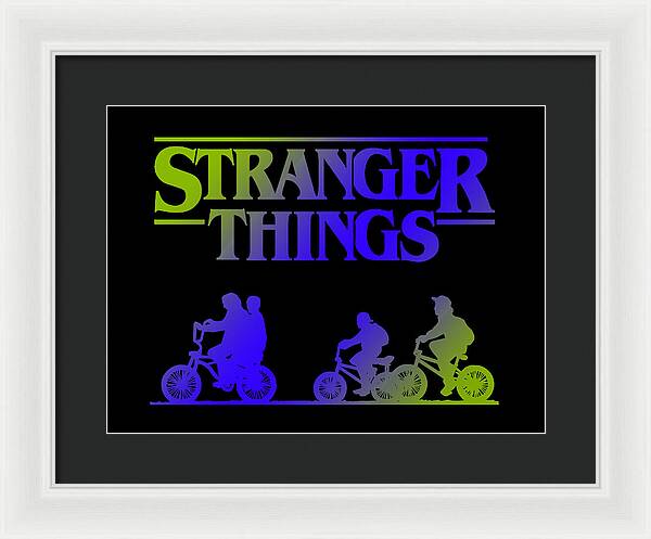 White-framed Stranger Things kids bike silhouette framed print with dark mat