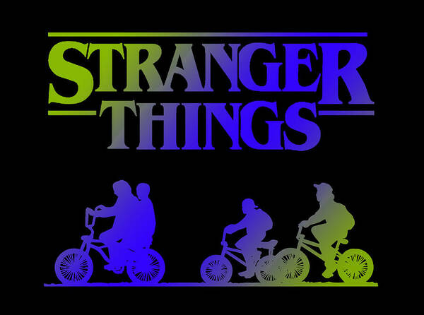 Art print with STRANGER THINGS title and three kids on bikes in blue and green