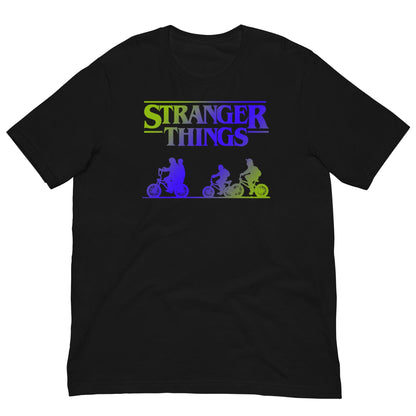 Black retro graphic t-shirt with colorful monster silhouettes and title text print