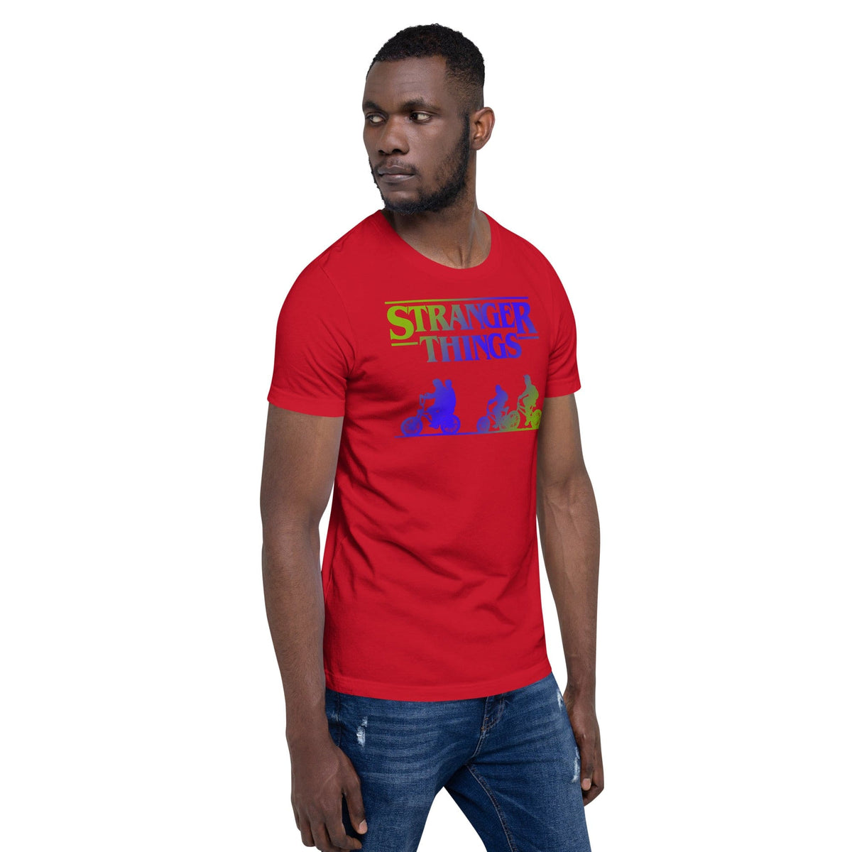 Red retro graphic t-shirt with colorful monster silhouettes and title text print