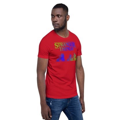 Red retro graphic t-shirt with colorful monster silhouettes and title text print