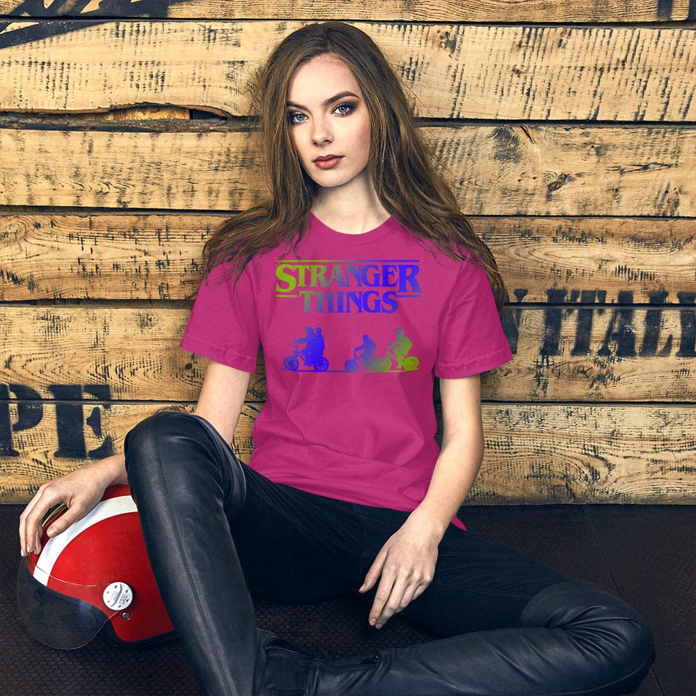 Berry pink retro graphic t-shirt with colorful monster silhouettes and title text print