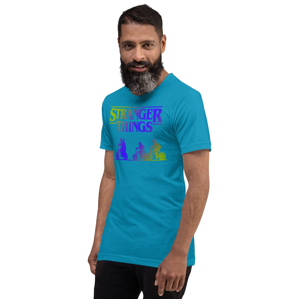 Teal retro graphic t-shirt with colorful monster silhouettes and title text print