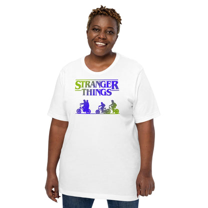 White retro graphic t-shirt with colorful monster silhouettes and title text print