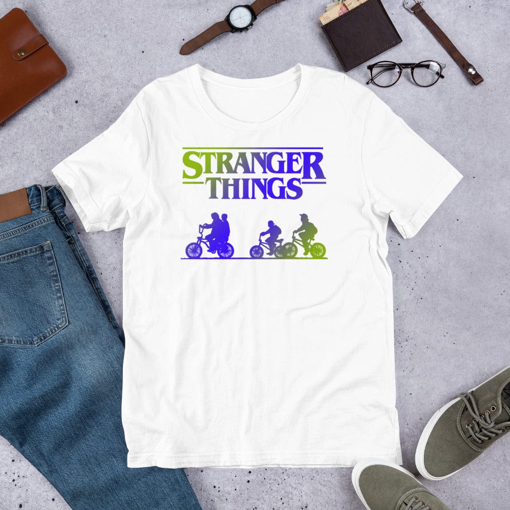 White retro graphic T-shirt with Stranger Things logo and three bike riders print.