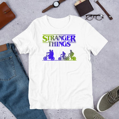 White retro graphic T-shirt with Stranger Things logo and three bike riders print.