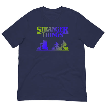 Navy retro graphic T-shirt with Stranger Things logo and colorful bike riders print.