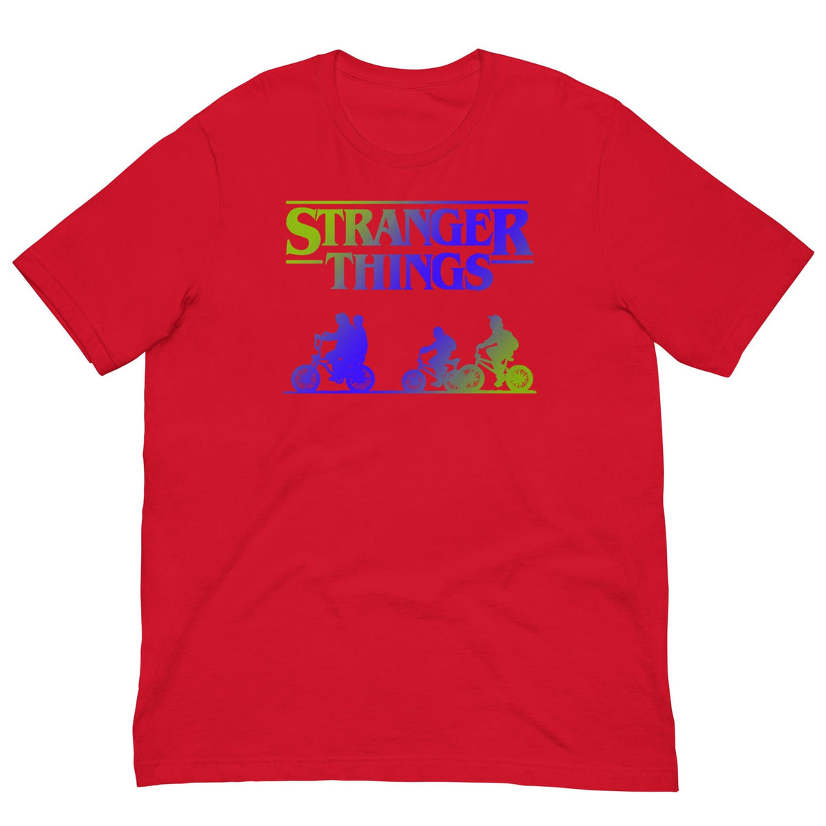 Red retro graphic T-shirt with Stranger Things logo and colorful bike riders print.