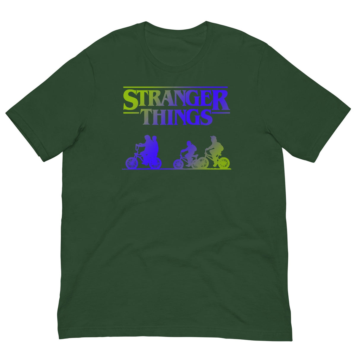 Forest green retro graphic T-shirt with Stranger Things logo and colorful bike riders print.
