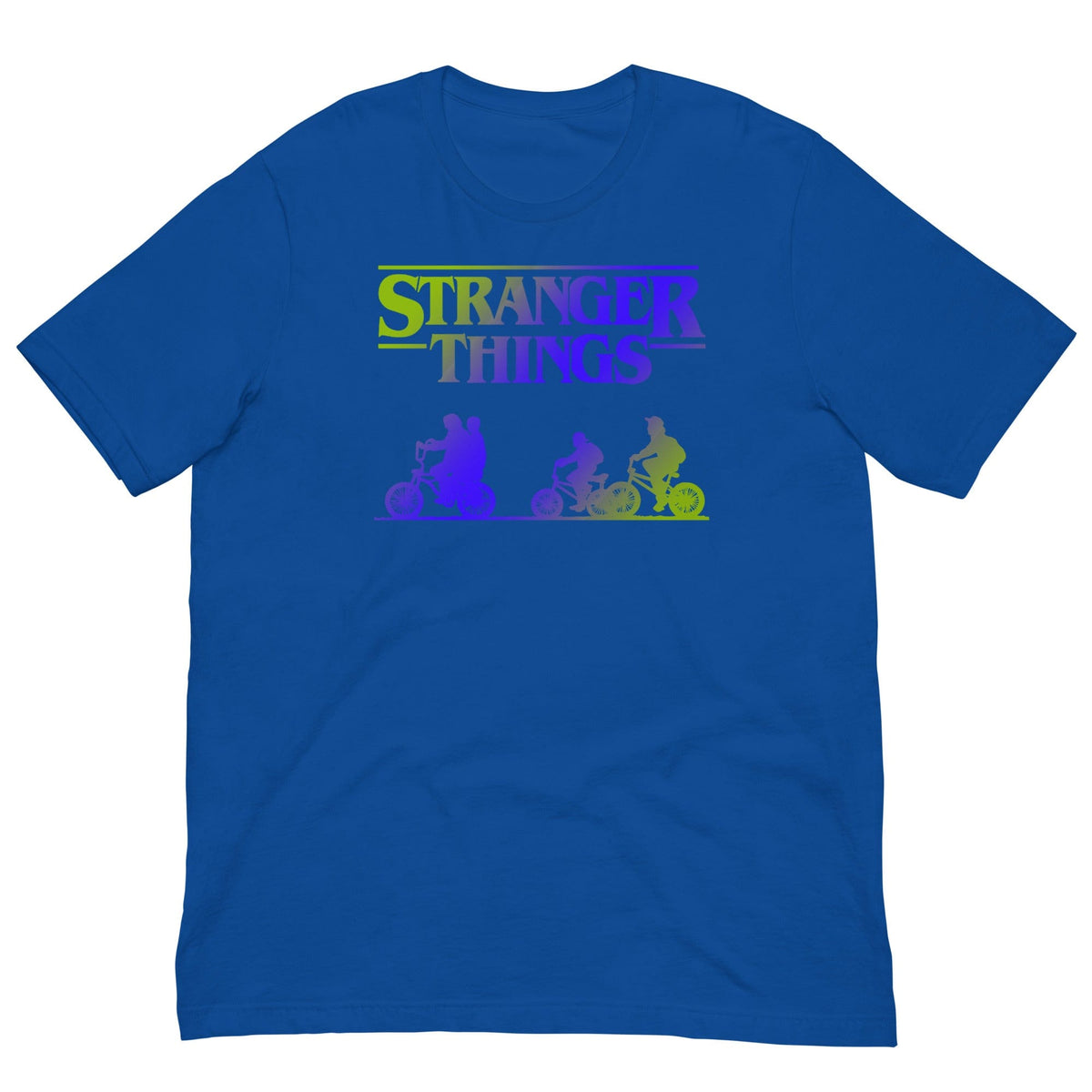 Royal blue retro graphic T-shirt with Stranger Things logo and colorful bike riders print.