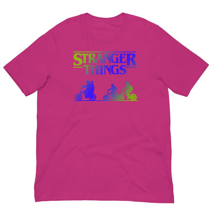 Berry pink retro graphic T-shirt with Stranger Things logo and colorful bike riders print.