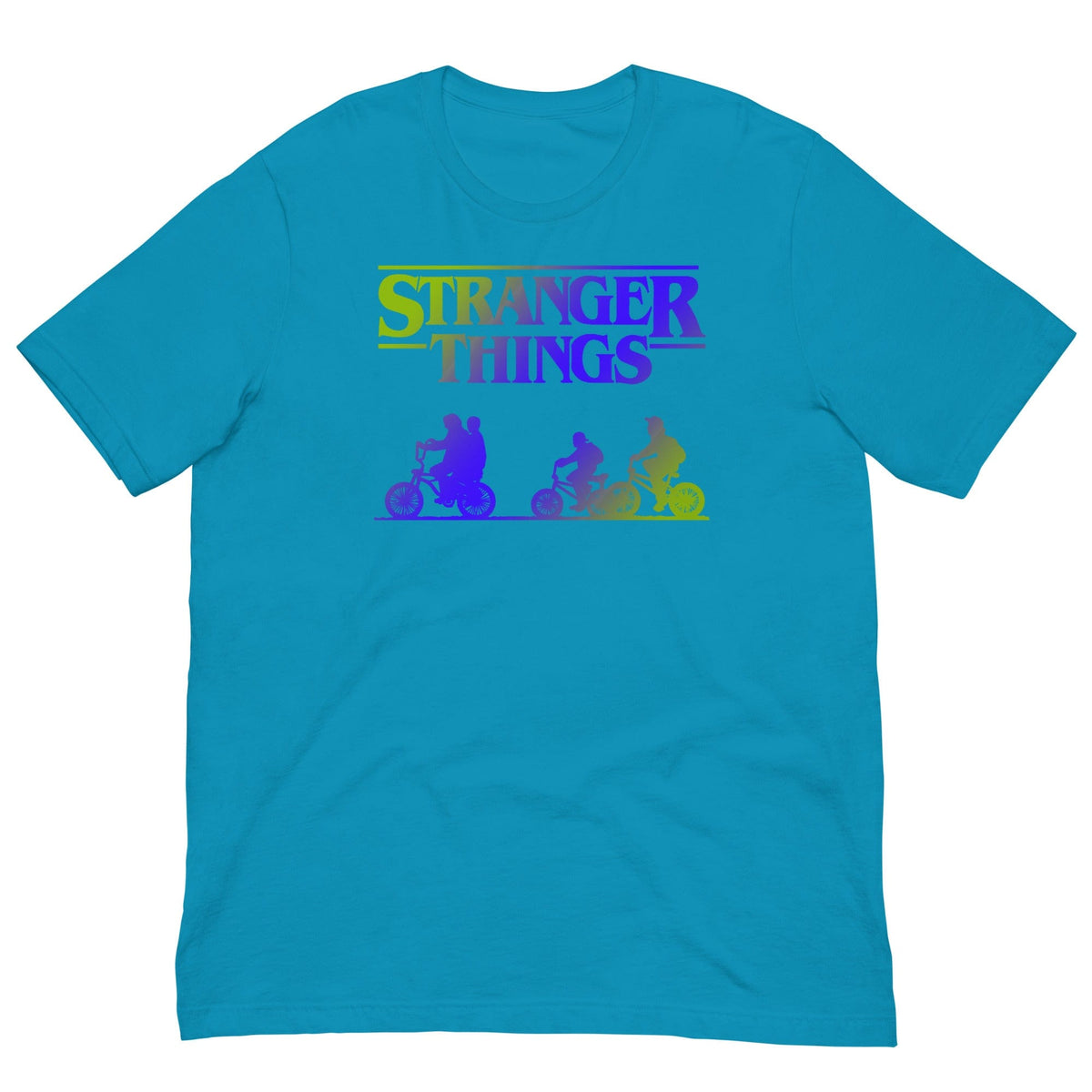 Aqua retro graphic T-shirt with Stranger Things logo and colorful bike riders print.