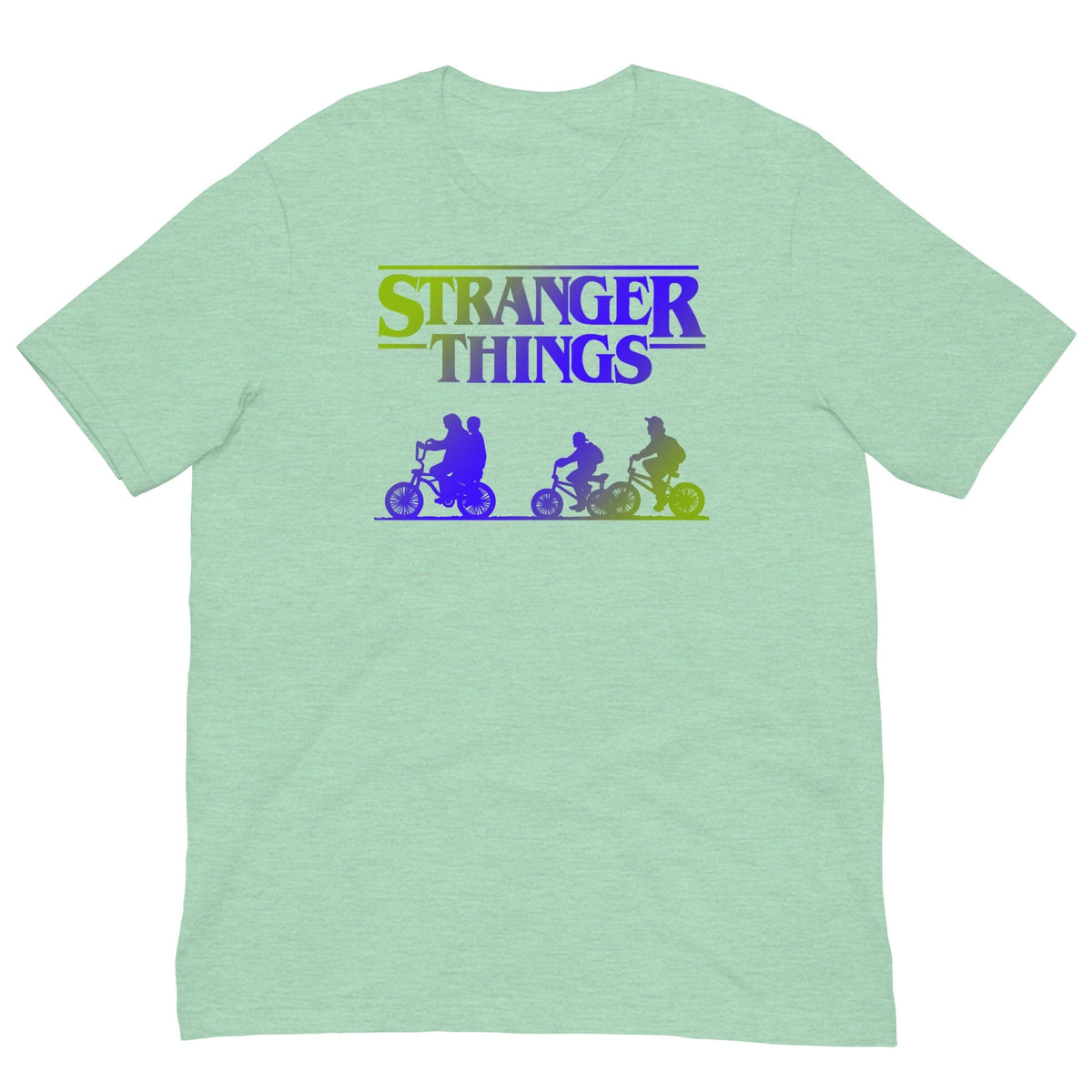 Light mint retro graphic T-shirt with Stranger Things logo and colorful bike riders print.