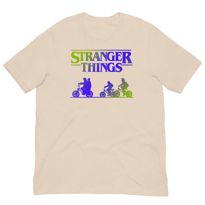 Soft cream retro graphic T-shirt with Stranger Things logo and colorful bike riders print.