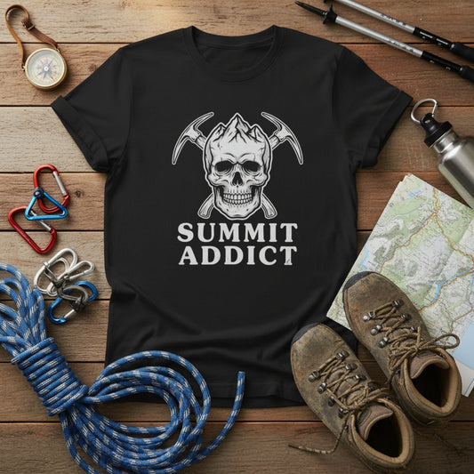 Black crew-neck hiking t-shirt with skull graphic and 'Summit Addict' print