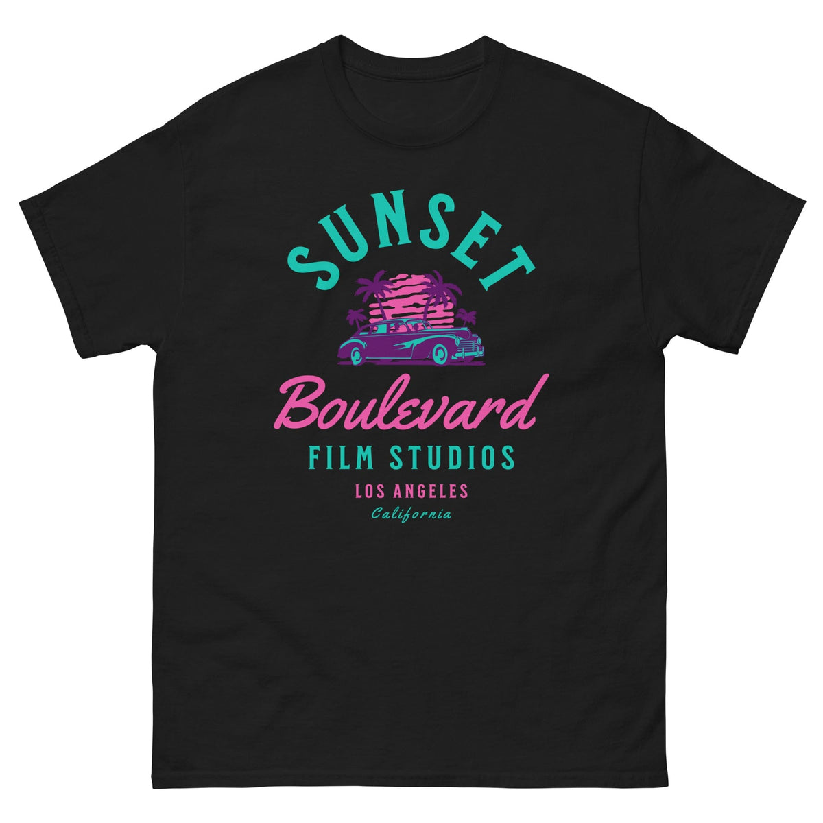 Black T-shirt with Sunset Boulevard logo and car graphic on chest