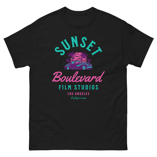 Black T-shirt with Sunset Boulevard logo and car graphic on chest