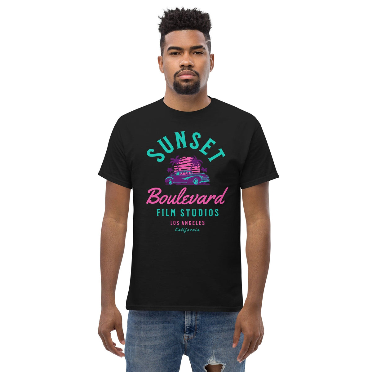 Black T-shirt worn by model with Sunset Boulevard logo and car graphic on chest