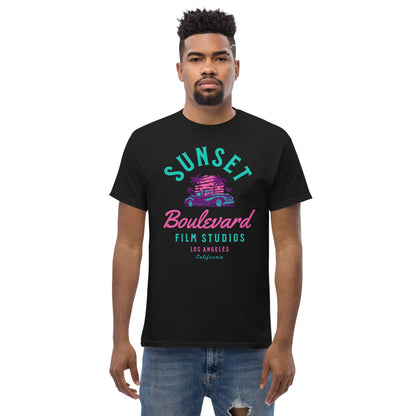 Black T-shirt worn by model with Sunset Boulevard logo and car graphic on chest
